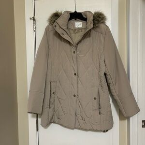 Croft & Barrow Beige Quilted Puffer Jacket with Faux Fur Hood